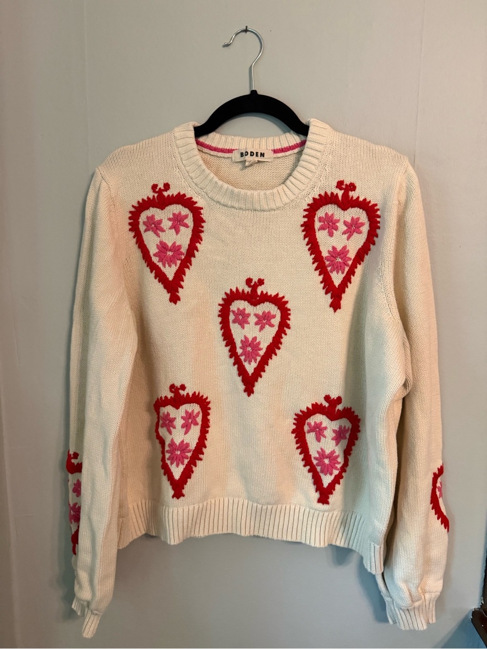 Boden Cream Crewneck Sweater with Red and Pink Heart Motifs | Size XL